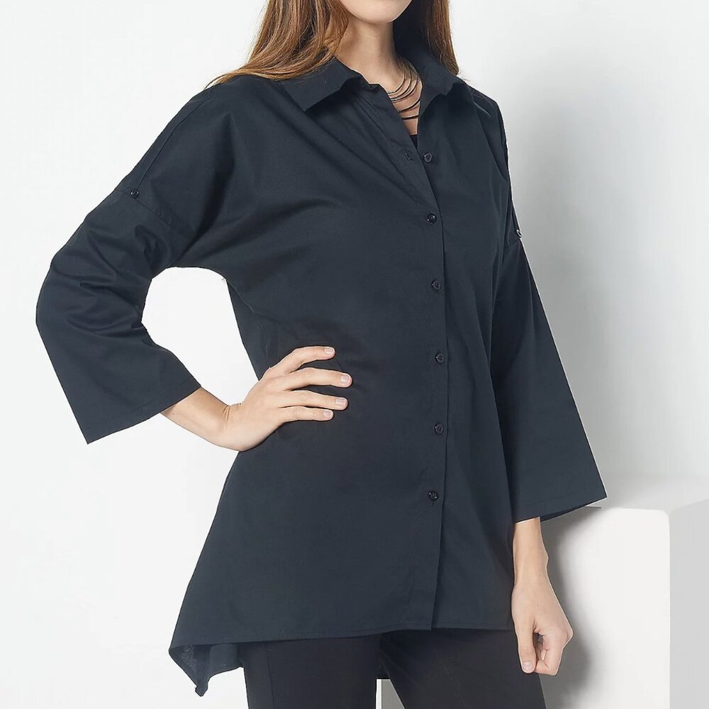 Truth + Style Woven Dolman Sleeve Shirt w/ Shark Bite Hem  13752